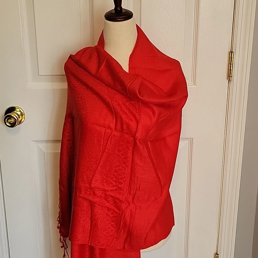 Red pashmina paisley fringe wrap, scarf